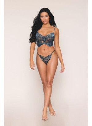 Bustier dentelle florale et résille avec strass et string assorti - DG13492BLU